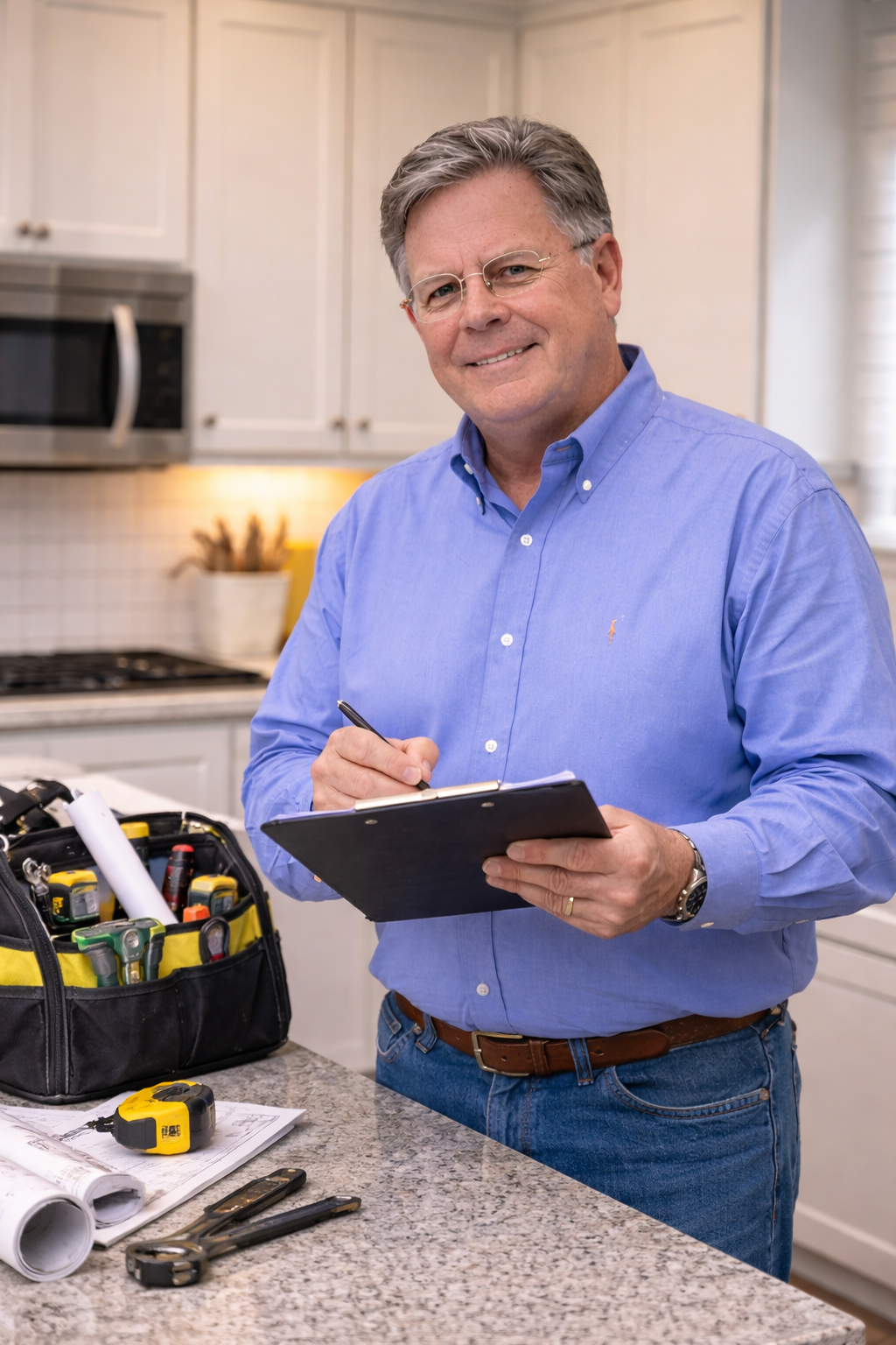 Mike reviewing a project in a client's kitchen