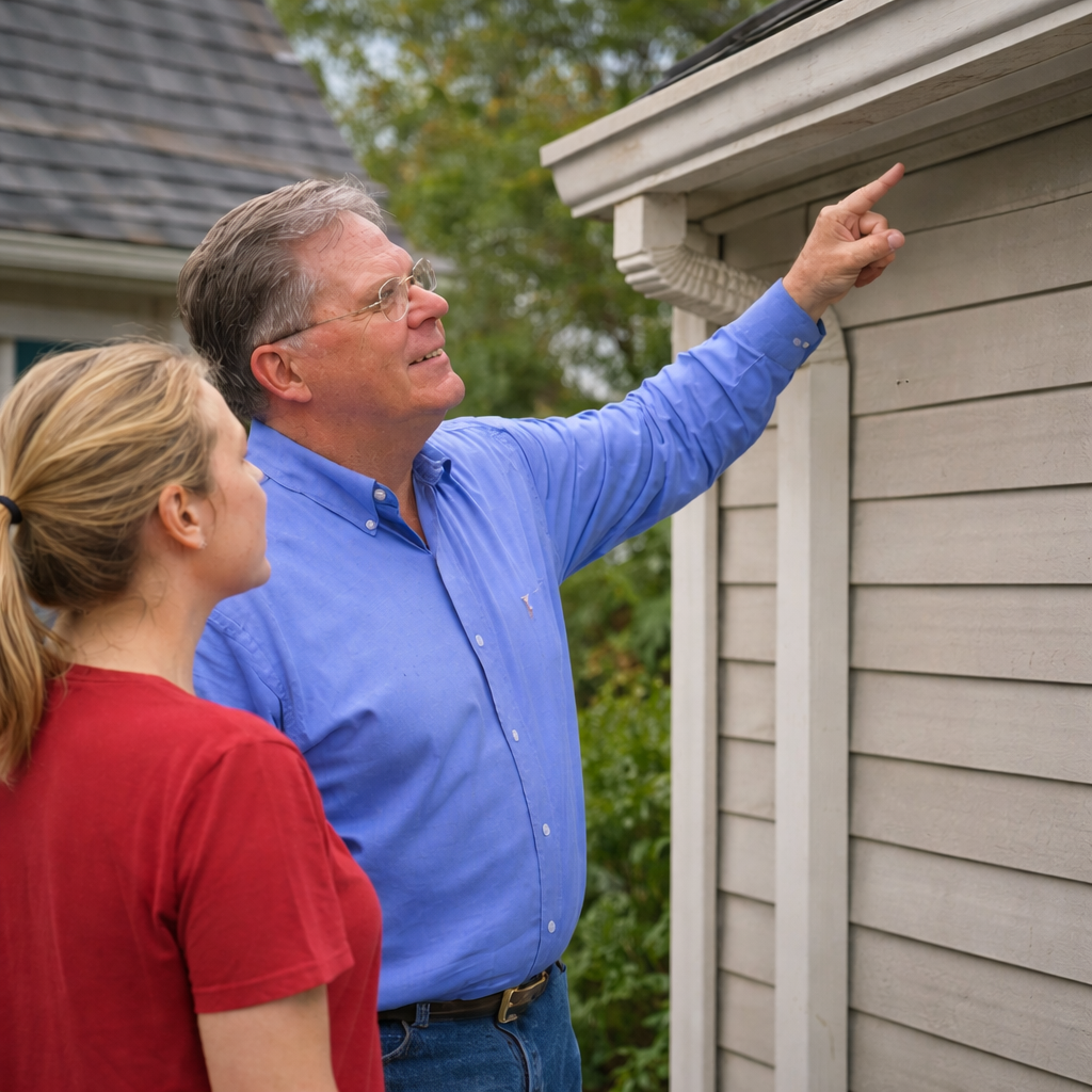 Mike pointing out a roofing issue to a homeowner