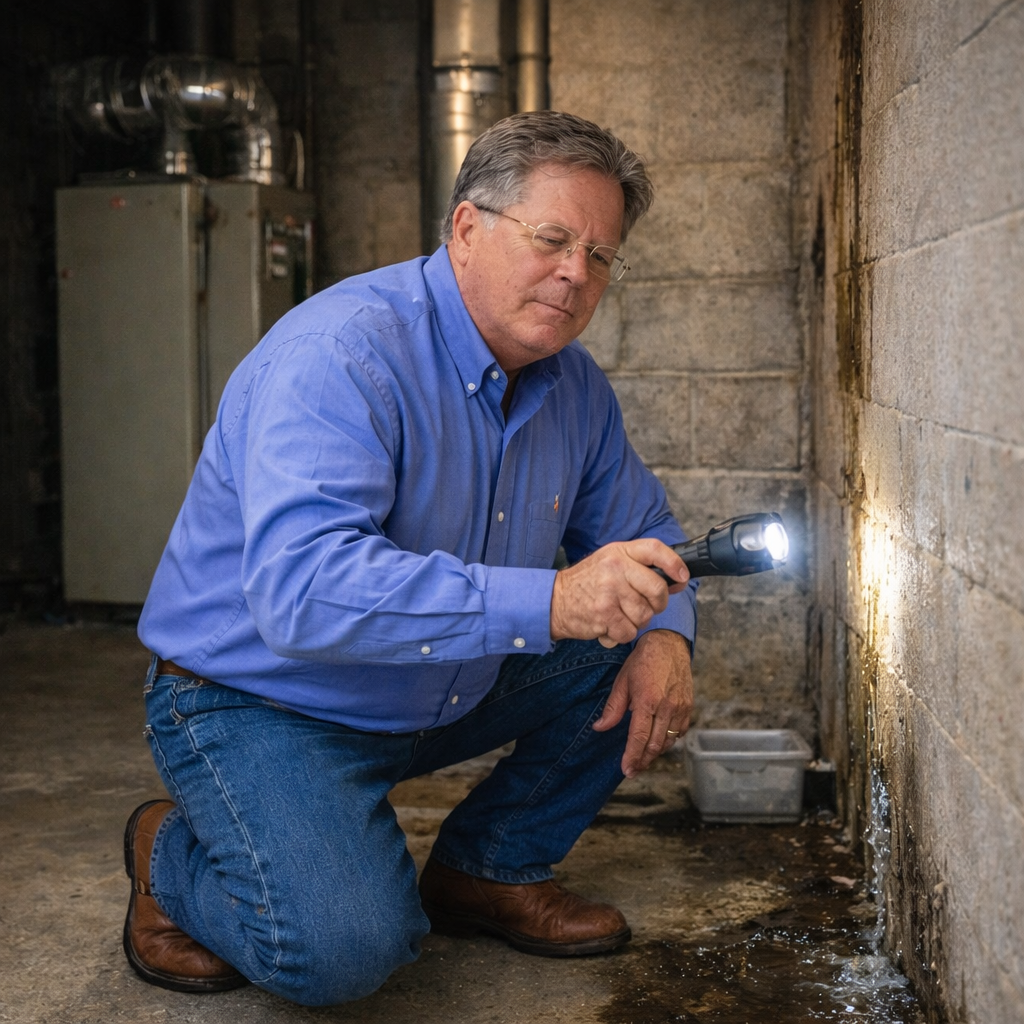 Mike inspecting a water leak with a flashlight